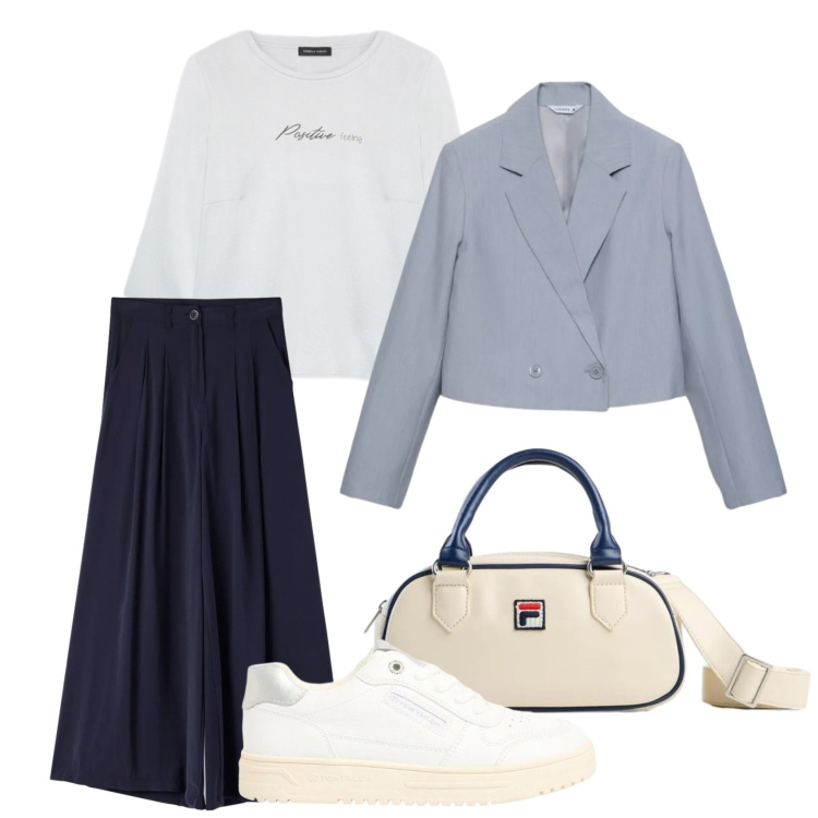 Outfit donna - Effortless chic per aprile. Stile Casual chic per Tutti i giorni. Abbinamento con borse a tracolla, sneakers, bluse, pantaloni, blazer.