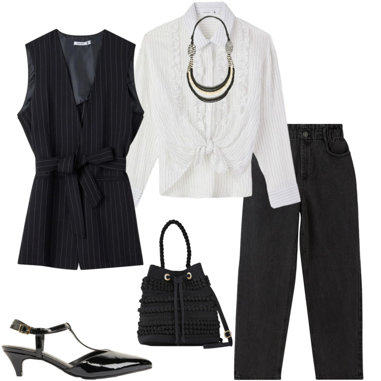 Outfit donna - Sporty chic primaverile. Stile Sporty chic per Serata fuori. Abbinamento con décolleté, borse a secchiello, jeans, camicie, gilet, collane.