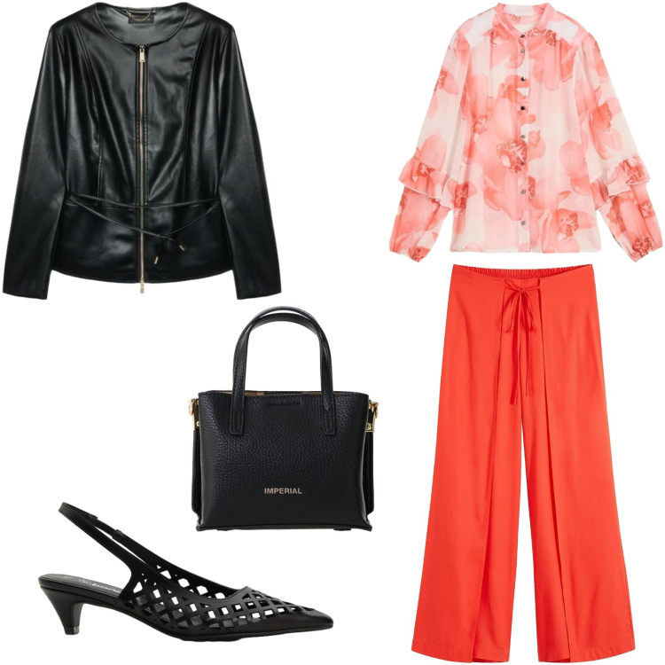 Outfit donna - Orange and Black. Stile Trendy per Serata fuori. Abbinamento con pantaloni, décolleté, camicie, blazer, borse a tracolla.