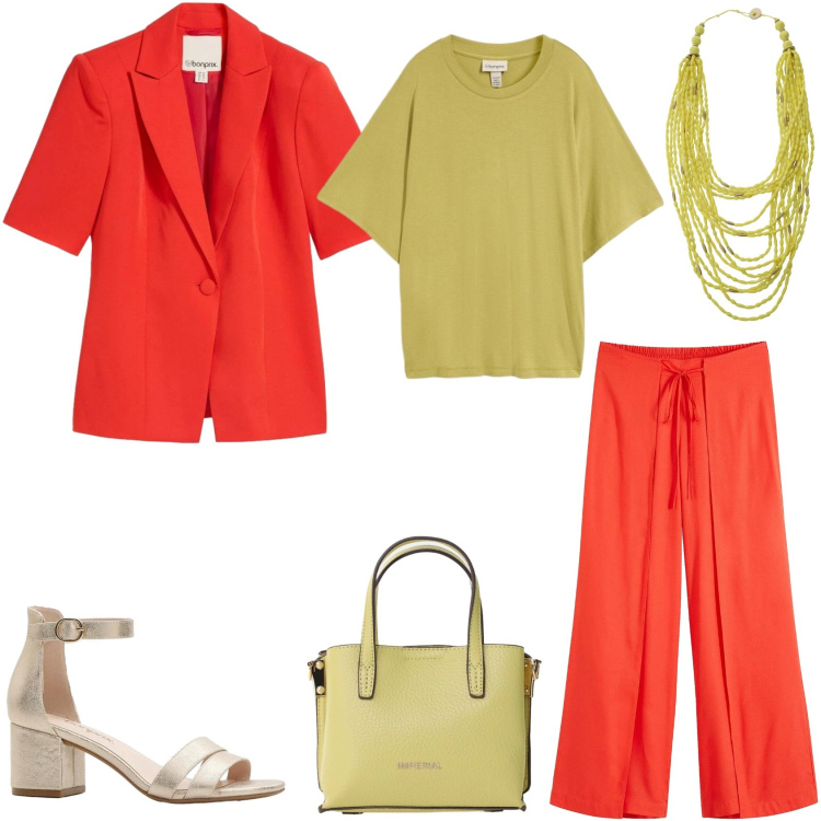 Outfit donna - Rosso Corallo & Verde Mela. Stile Trendy per Serata fuori. Abbinamento con blazer, sandali col tacco, pantaloni, t-shirt, borse a tracolla, collane.