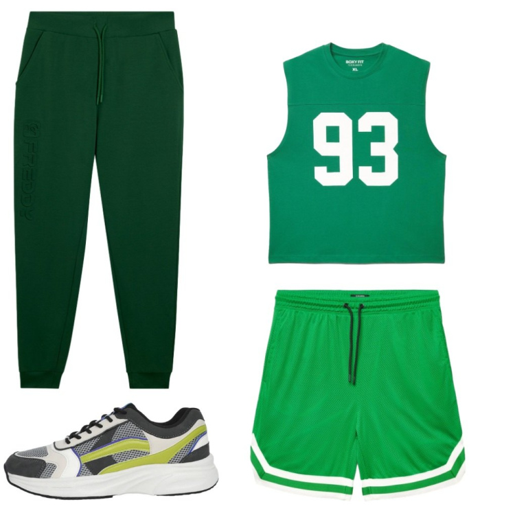Outfit uomo - #green.think. Stile Urban per Tutti i giorni. Abbinamento con sneakers, canottiere, bermuda, pantaloni.