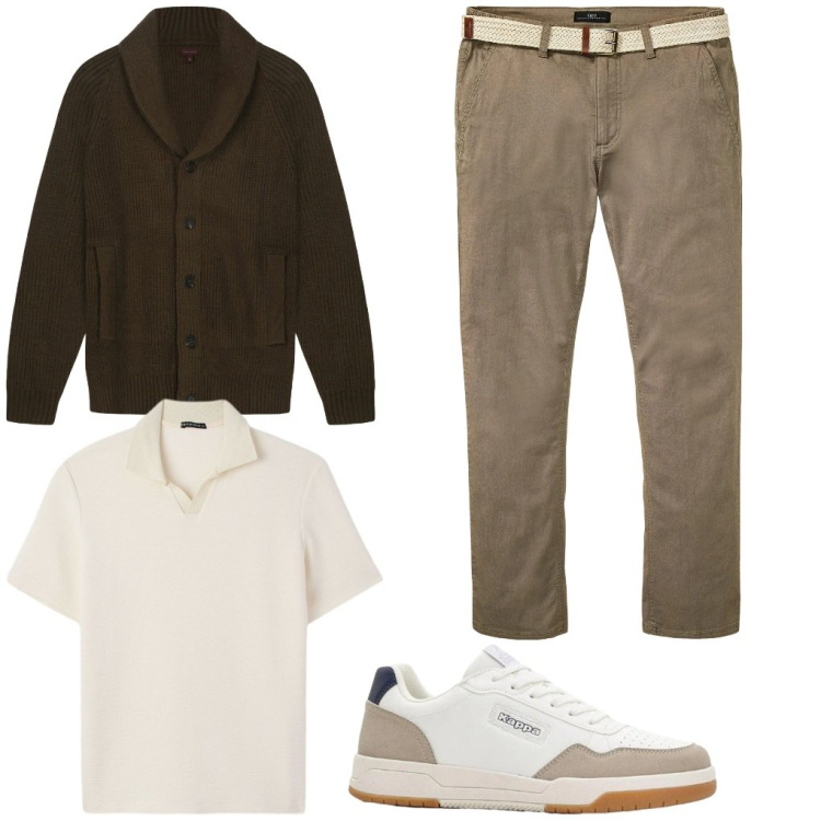 Outfit uomo - #pausa.pranzo. Stile Casual per Ufficio. Abbinamento con pantaloni chino, sneakers, polo, cardigans.