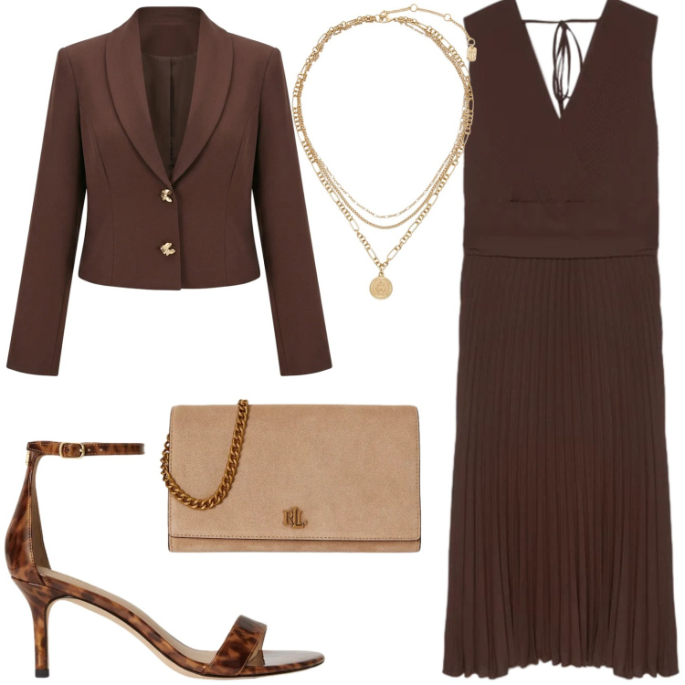 Outfit donna - Cerimonia in Brown. Stile Bon Ton per Cerimonia. Abbinamento con blazer, vestiti midi/longuette, ciondoli, sandali in pelle, borse a tracolla.