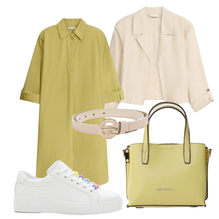 Outfit donna - Abito chemisier per il giorno. Stile Casual chic per Tutti i giorni. Abbinamento con vestiti chemisier, blazer, sneakers, borse a tracolla, cinture.