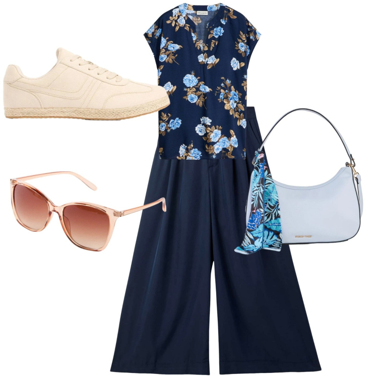 Outfit donna - Passeggiata con le amiche. Stile Casual chic per Tutti i giorni. Abbinamento con bluse, occhiali da sole, borse a mano, sneakers, pantaloni.