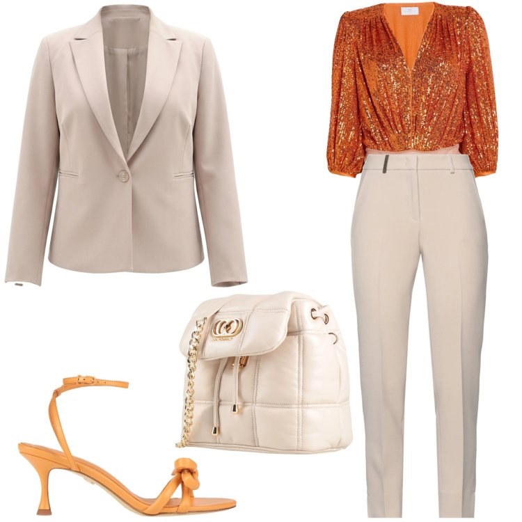 Outfit donna - Orange and Beige. Stile Trendy per Serata fuori. Abbinamento con body, pantaloni, valigie, sandali in pelle, blazer.