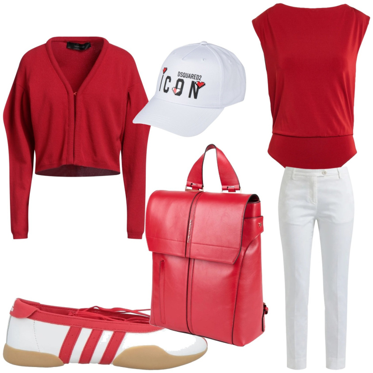 Outfit donna - Aprile bianco-rosso. Stile Casual per Tutti i giorni. Abbinamento con ballerine, body, zaini, cardigans, cappelli con visiera, pantaloni.