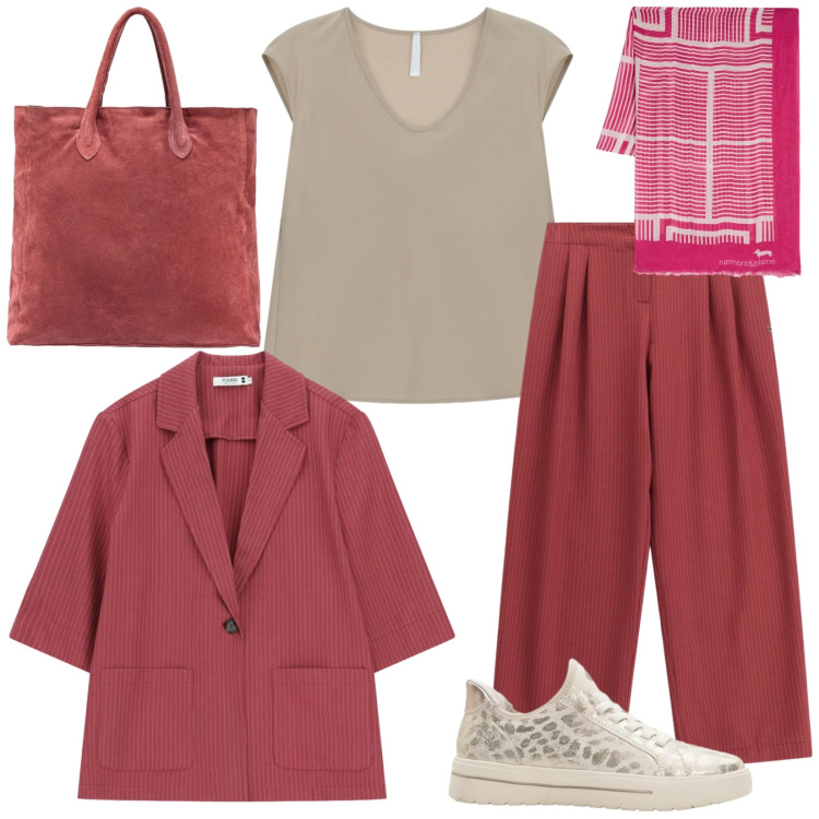 Outfit donna - Look dinamico. Stile Sporty chic per Tutti i giorni. Abbinamento con sneakers, canottiere, pantaloni a palazzo, blazer, sciarpe, borse a mano.