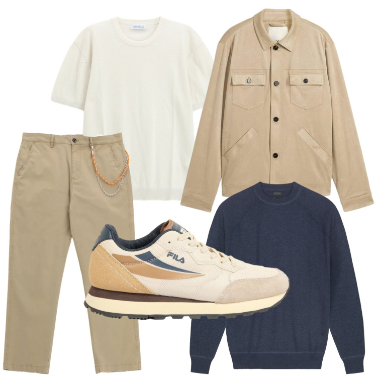 Outfit uomo - Layering leggero. Stile Trendy per Tutti i giorni. Abbinamento con cappotti, sneakers, pantaloni, t-shirt, maglieria.