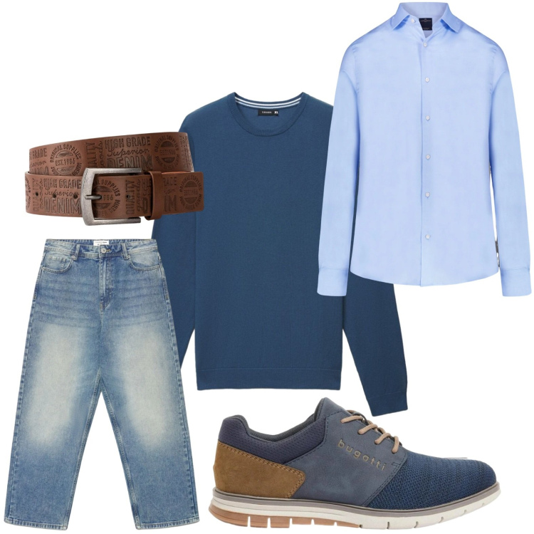 Outfit uomo - La camicia iconica. Stile Casual per Tutti i giorni. Abbinamento con scarpe stringate, cinture, maglieria, jeans dritti, camicie.