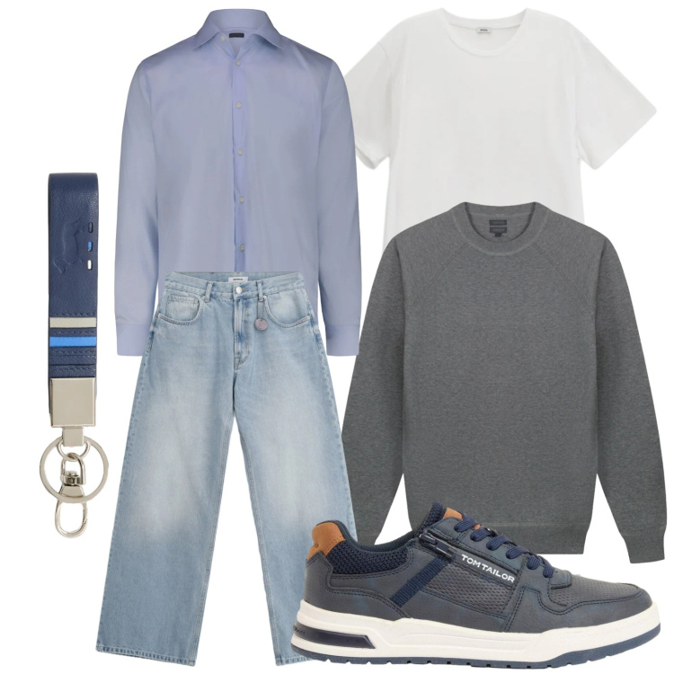 Outfit uomo - Dinamico. Stile Trendy per Tutti i giorni. Abbinamento con sneakers, t-shirt, jeans, portachiavi, camicie, maglieria.