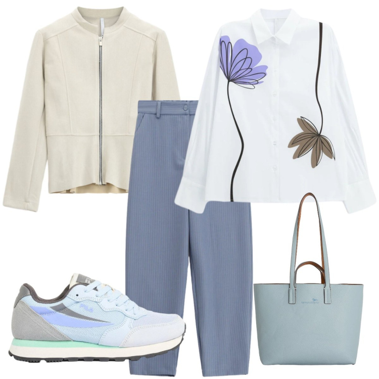 Outfit donna - Total look #2384259. Stile Casual chic per Tutti i giorni. Abbinamento con sneakers, shopping bag, pantaloni, camicie, blazer.