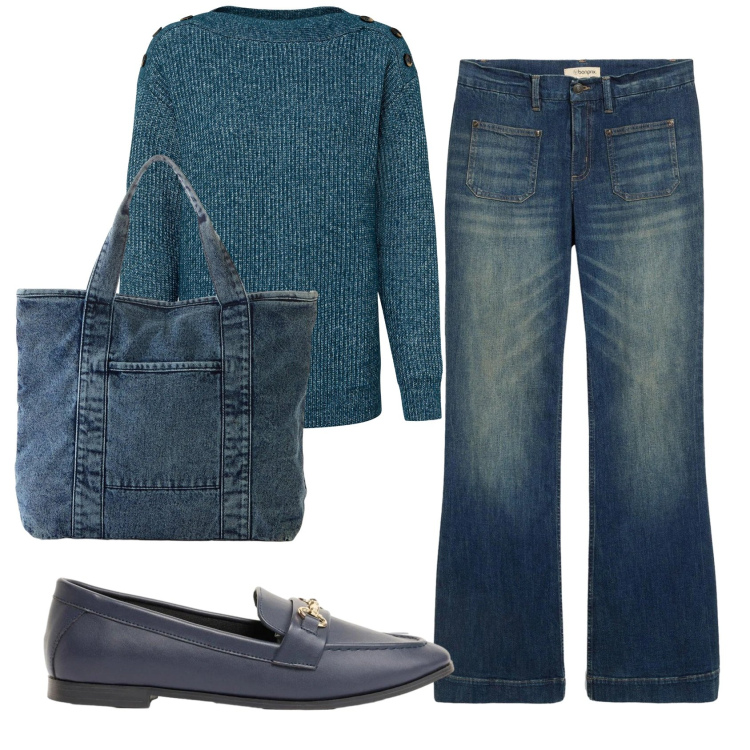 Outfit donna - Total look #2384260. Stile Casual per Tutti i giorni. Abbinamento con maglieria, jeans a zampa, shopping bag, mocassini.