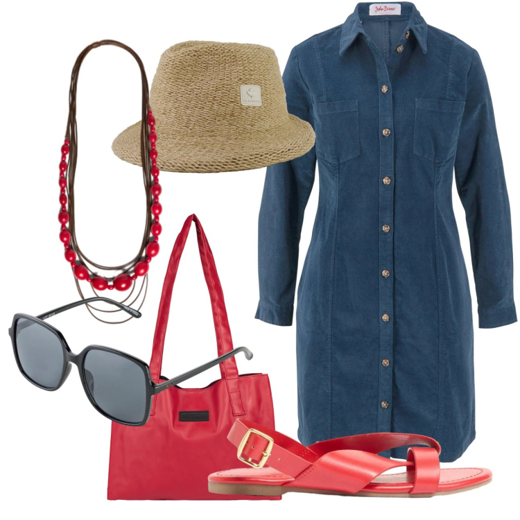 Outfit donna - Assaggio di mare. Stile Casual chic per Mare. Abbinamento con vestiti, sandali, occhiali da sole, collane, shopping bag, cappelli.