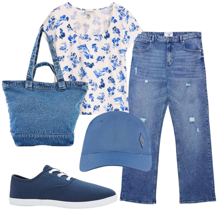 Outfit donna - Total look #2384264. Stile Casual per Tutti i giorni. Abbinamento con maglieria, sneakers, cappelli con visiera, shopping bag, jeans strappati.