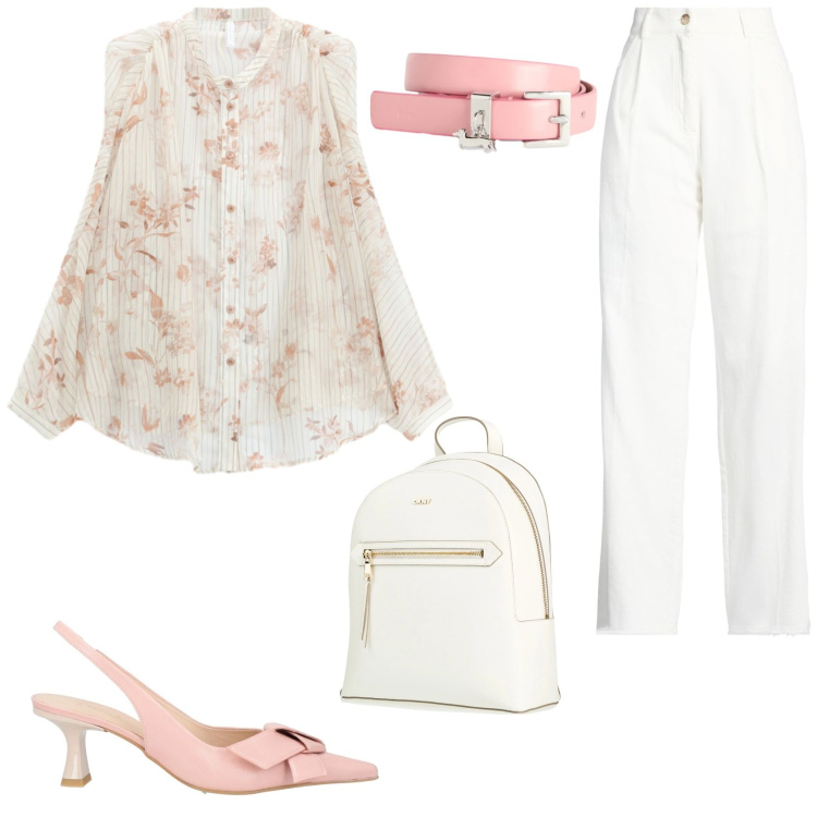 Outfit donna - Comoda e femminile in ufficio. Stile Sporty chic per Ufficio. Abbinamento con décolleté, zaini, pantaloni, camicie, cinture.