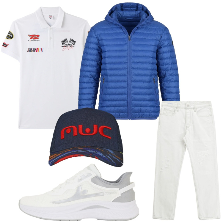 Outfit uomo - Sporty day. Stile Trendy per Tutti i giorni. Abbinamento con polo, cappelli con visiera, jeans dritti, sneakers, piumini.
