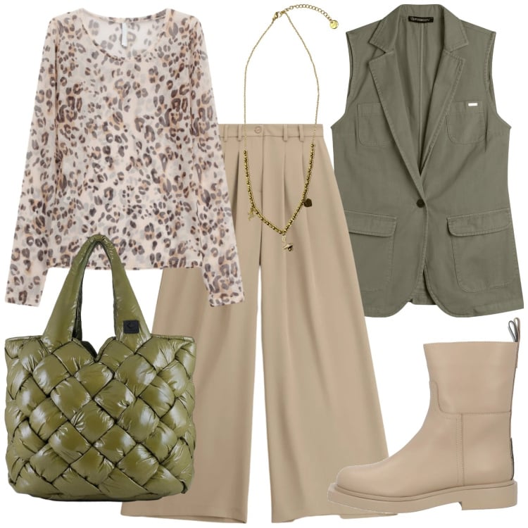 Outfit donna - Effortless. Stile Military per Ufficio. Abbinamento con stivaletti, pantaloni a palazzo, t-shirt, gilet, ciondoli, borse tote.