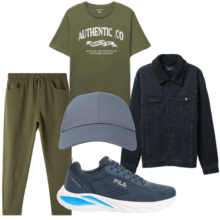 Outfit uomo - Passeggiata al parco. Stile Trendy per Tutti i giorni. Abbinamento con sneakers, pantaloni, giacche, cappelli con visiera, t-shirt.