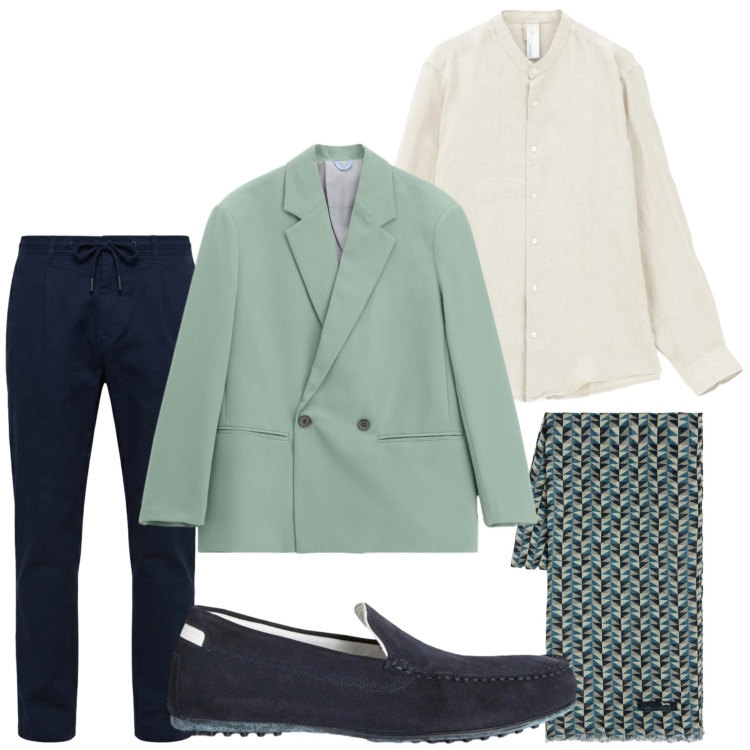 Outfit uomo - Colori soft. Stile Casual per Ufficio. Abbinamento con camicie, giacche, scarpe stringate, sciarpe, pantaloni.