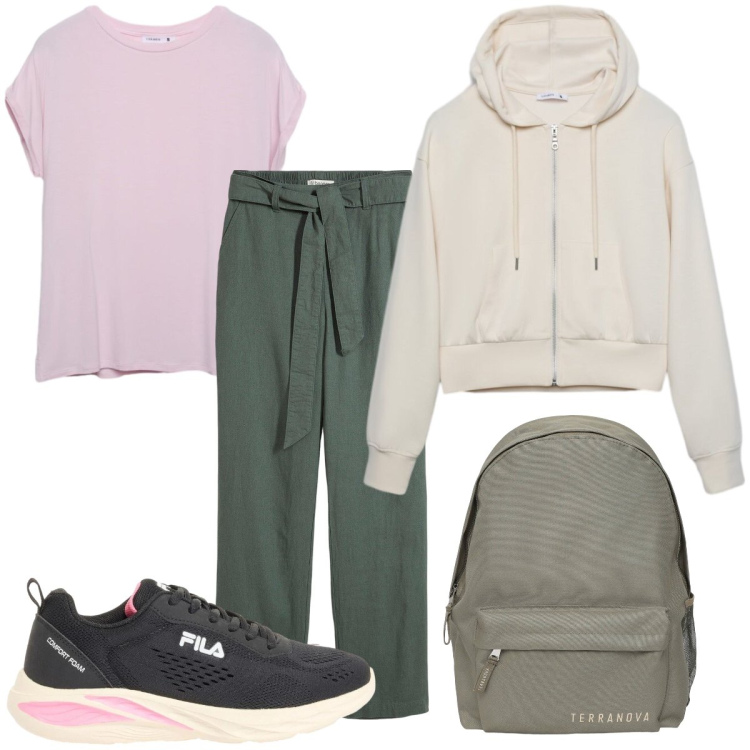 Outfit donna - Giornata al parco. Stile Basic per Tutti i giorni. Abbinamento con pantaloni, sneakers, zaini, felpe con cappuccio, t-shirt.