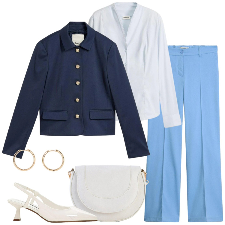Outfit donna - Cieli azzurri. Stile Chic per Cerimonia. Abbinamento con blazer, pantaloni, décolleté, orecchini, borse a tracolla, camicie.