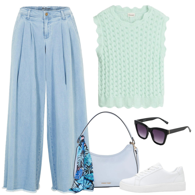 Outfit donna - Leggerezza. Stile Casual per Scuola/Università. Abbinamento con gonne, sneakers, canottiere, occhiali da sole, borse a mano.