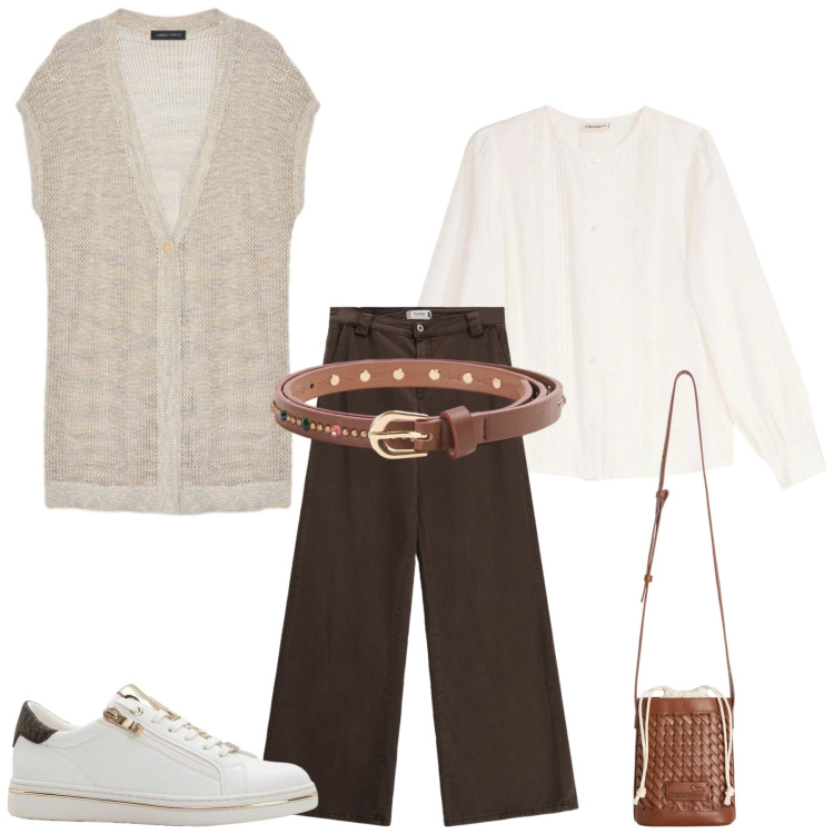 Outfit donna - Total look #2384279. Stile Minimal per Tutti i giorni. Abbinamento con sneakers, camicie, cinture, maglieria, pantaloni a palazzo, borse a secchiello.
