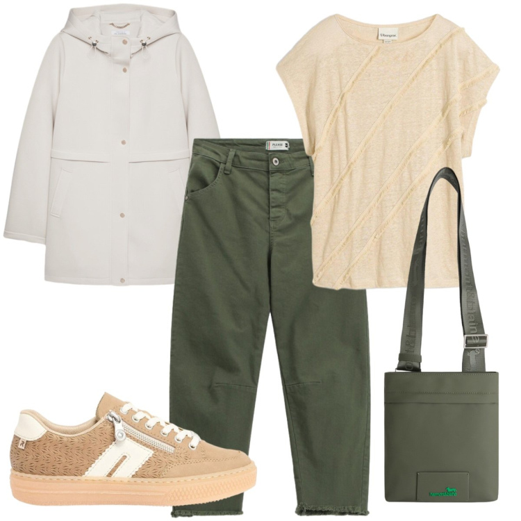 Outfit donna - Cambio stagione. Stile Basic per Tutti i giorni. Abbinamento con t-shirt, sneakers, blazer, pantaloni, borse a tracolla.
