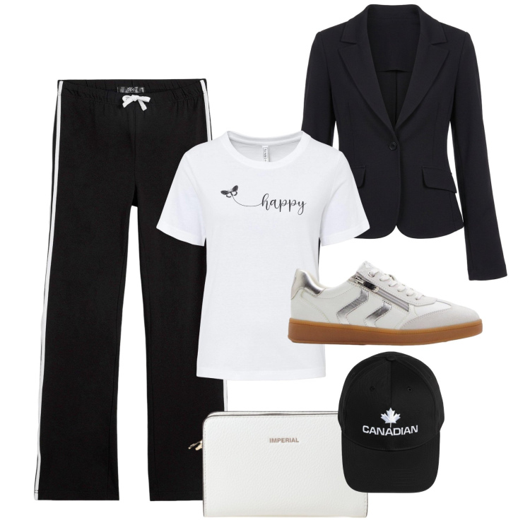 Outfit donna - Jogging e blazer. Stile Sporty chic per Tutti i giorni. Abbinamento con t-shirt, pantaloni sportivi, sneakers, borse a tracolla, blazer, berretti.