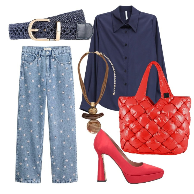 Outfit donna - City chic. Stile Casual chic per Tutti i giorni. Abbinamento con décolleté, cinture, jeans dritti, ciondoli, camicie, borse tote.
