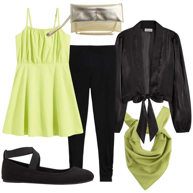 Outfit donna - Acido / Acida. Stile Trendy per Serata fuori. Abbinamento con vestiti corti, leggings, ballerine, blazer, borse a tracolla, foulard.