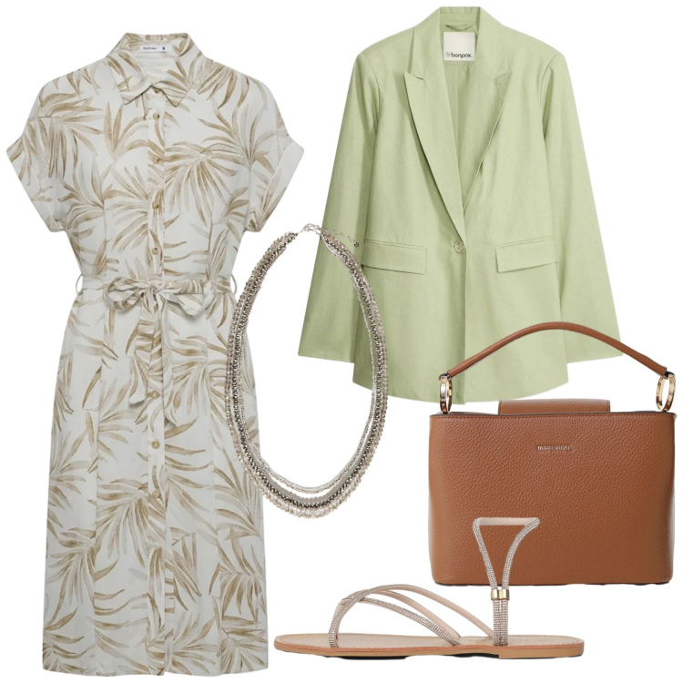 Outfit donna - Total look #2384286. Stile Basic per Ufficio. Abbinamento con blazer, borse a secchiello, collane, vestiti chemisier, sandali.