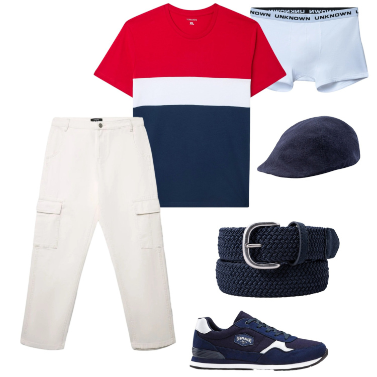 Outfit uomo - Total look #2384287. Stile Urban per Tutti i giorni. Abbinamento con sneakers, t-shirt, boxer, pantaloni cargo, cinture, cappelli con visiera.
