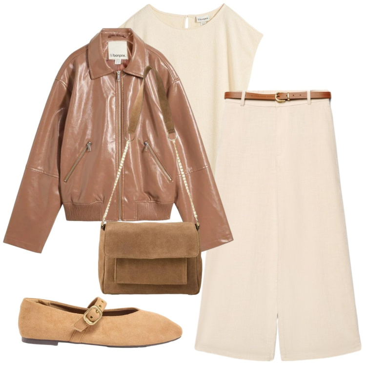 Outfit donna - Total look #2384288. Stile Trendy per Tutti i giorni. Abbinamento con maglieria, cappotti, borse a tracolla, ballerine, pantaloni a palazzo.