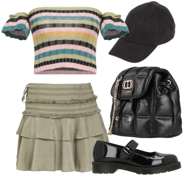 Outfit donna - Aperitivo. Stile Romantica Abbinamento con top, minigonne, décolleté, valigie, cappelli con visiera.