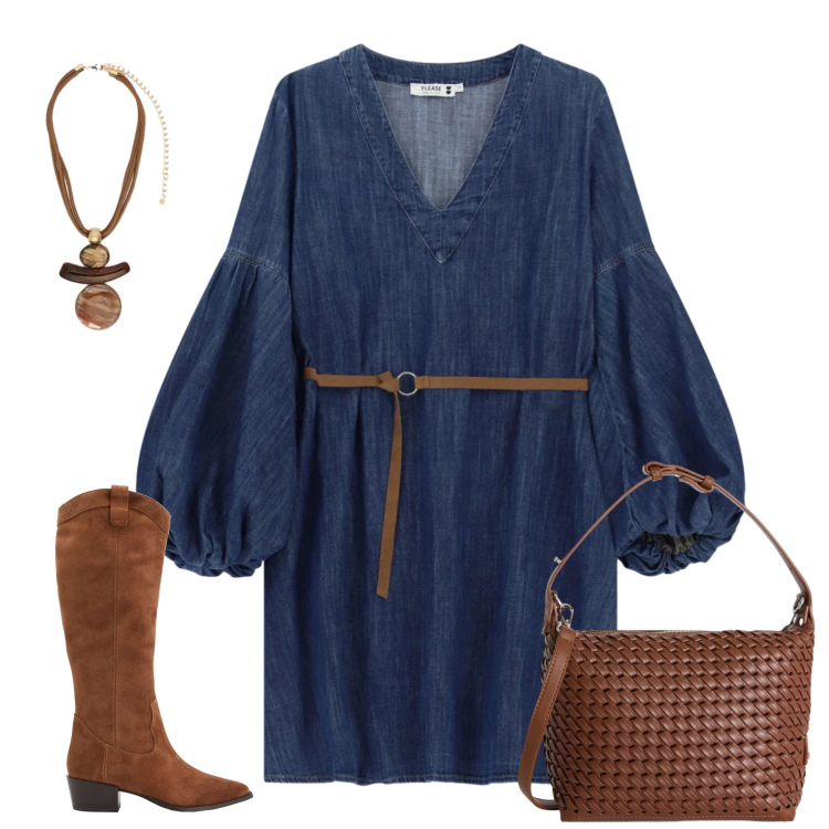 Outfit donna - Country Modern Chic. Stile Boho per Tutti i giorni. Abbinamento con stivali, ciondoli, vestiti corti, borse a spalla.