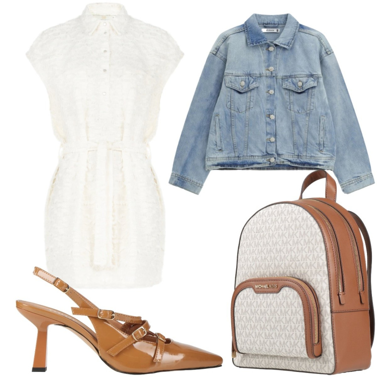 Outfit donna - White & caramel. Stile Casual per Tutti i giorni. Abbinamento con décolleté, zaini, blazer, vestiti chemisier.