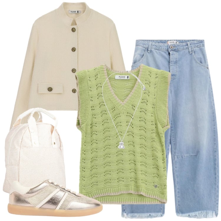 Outfit donna - Pastel Chic. Stile Casual chic per Tutti i giorni. Abbinamento con zaini, sneakers, top, cappotti, jeans, ciondoli.