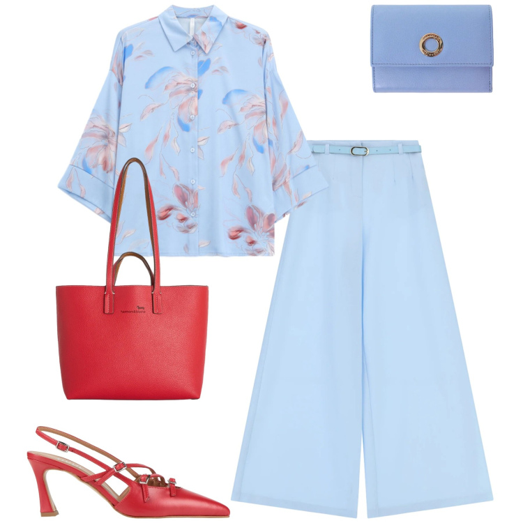Outfit donna - Total look #2384298. Stile Urban per Tutti i giorni. Abbinamento con décolleté, pantaloni a palazzo, camicie, portafogli, shopping bag.