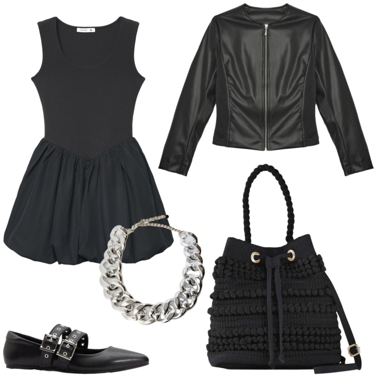 Outfit donna - Young. Stile Rock per Tutti i giorni. Abbinamento con borse a secchiello, ballerine, giacche, vestiti corti, collane.