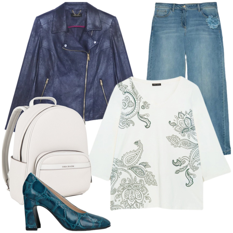 Outfit donna - Urban Boho - Rock. Stile Boho per Tutti i giorni. Abbinamento con zaini, décolleté, blazer, t-shirt, jeans.