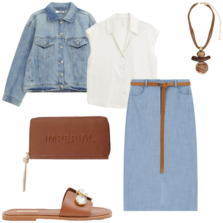 Outfit donna - City. Stile Casual chic per Tutti i giorni. Abbinamento con camicie, gonne longuette, portafogli, sandali gioiello, ciondoli, blazer.