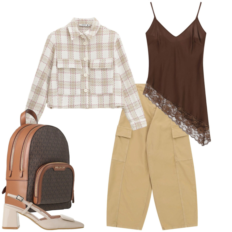 Outfit donna - Modern Chic Cargo. Stile Casual chic per Tutti i giorni. Abbinamento con zaini, top, pantaloni cargo, cappotti, décolleté.