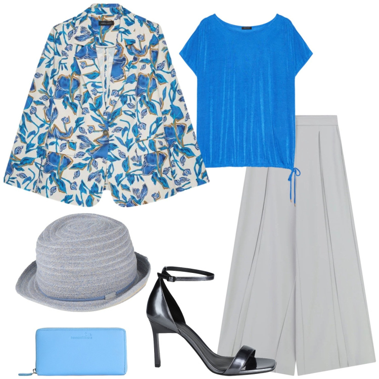 Outfit donna - Total look #2384306. Stile Chic per Cerimonia. Abbinamento con cappelli, sandali in pelle, pantaloni a palazzo, blazer, t-shirt, portafogli.