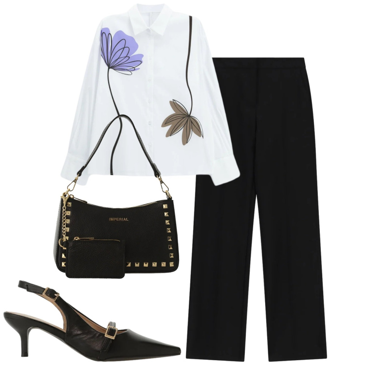 Outfit donna - City. Stile Urban per Tutti i giorni. Abbinamento con camicie, sandali col tacco, borse a spalla, pantaloni a palazzo.