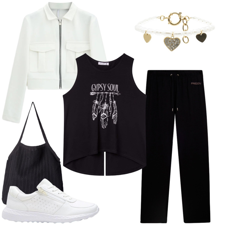 Outfit donna - Gypsy Spirit. Stile Casual chic per Tutti i giorni. Abbinamento con sneakers, canottiere, shopping bag, cappotti, pantaloni, braccialetti.