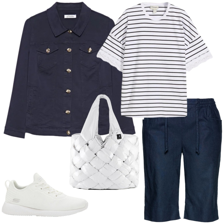 Outfit donna - Total look #2384311. Stile Casual per Tutti i giorni. Abbinamento con bermuda, t-shirt, sneakers, blazer, borse tote.