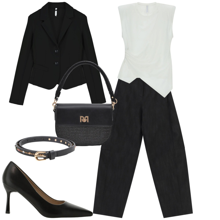 Outfit donna - City. Stile Urban per Tutti i giorni. Abbinamento con cinture, top, pantaloni, blazer, décolleté, borse a spalla.