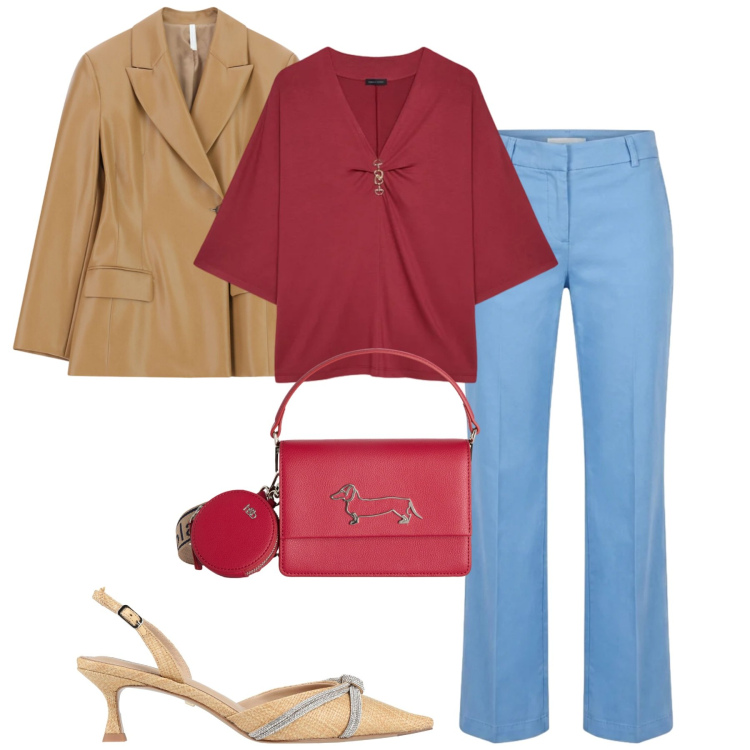 Outfit donna - City. Stile Urban per Tutti i giorni. Abbinamento con décolleté, blazer, t-shirt, borse a tracolla, pantaloni.